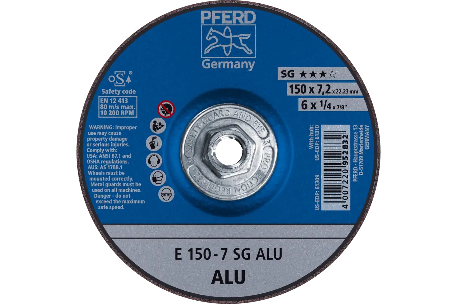 Picture of Pferd Grinding Wheel, 6" X 1/4 X 5/8-11, Sg Alu, T27, Aluminum Oxide, Silicon Carbide